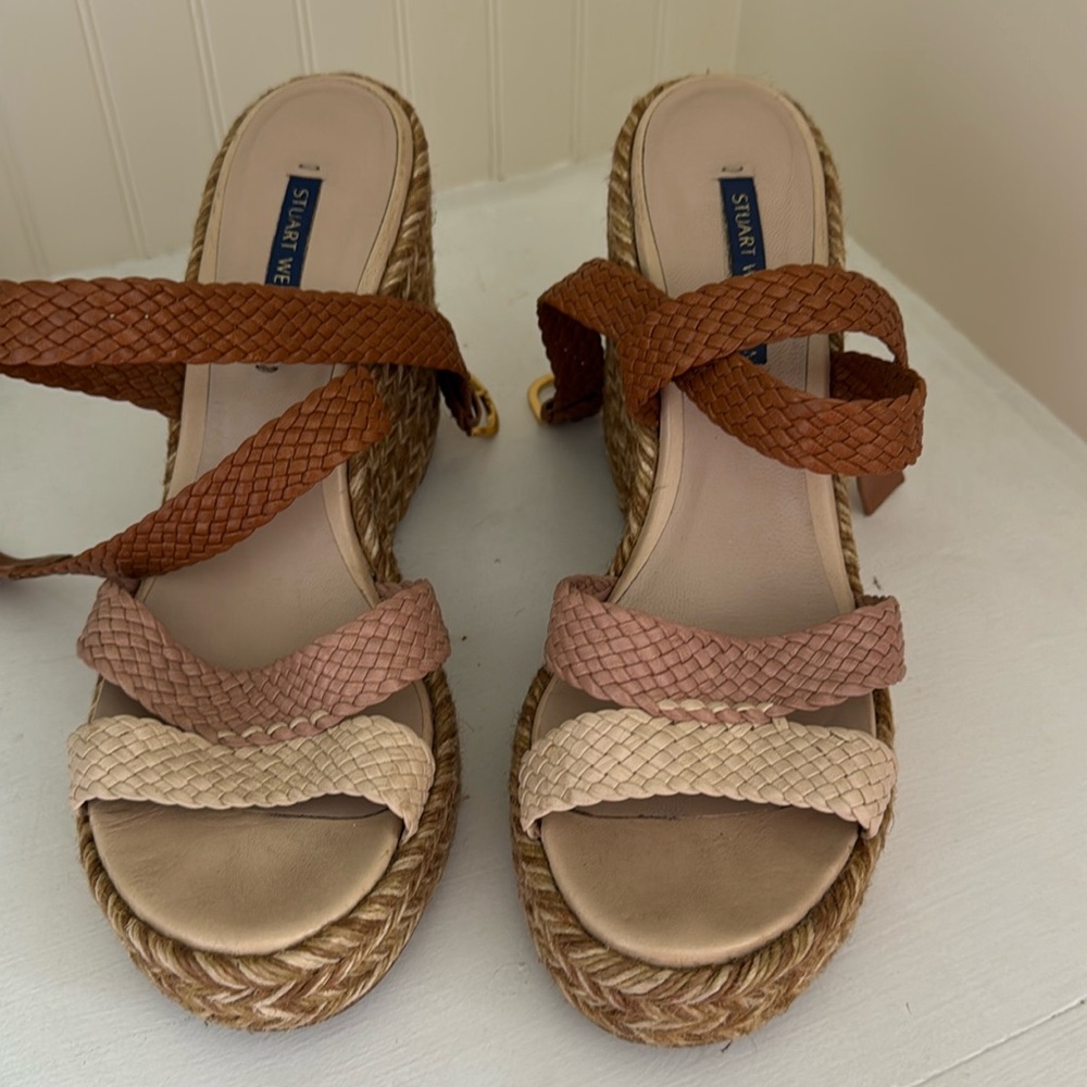 Stuart Weitzman Elsie Woven Wedges/3 tone cream/brown/beige/Braided accent/jute.
